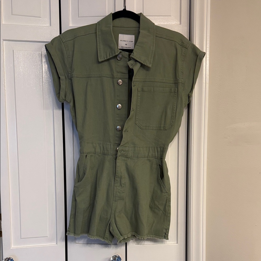 Celebrity Pink Olive Green Utility Romper Shorts